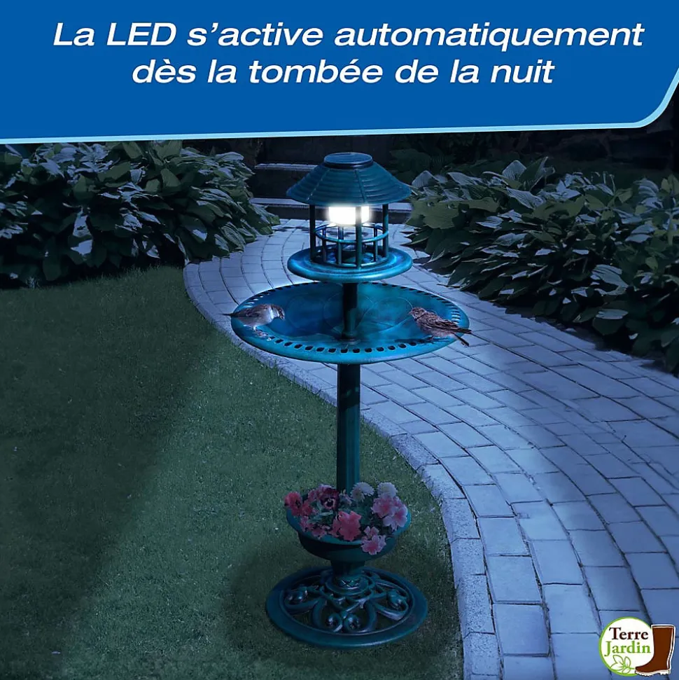 Fontaine abreuvoir à oiseaux sur pied avec lampe solaire et mangeoire