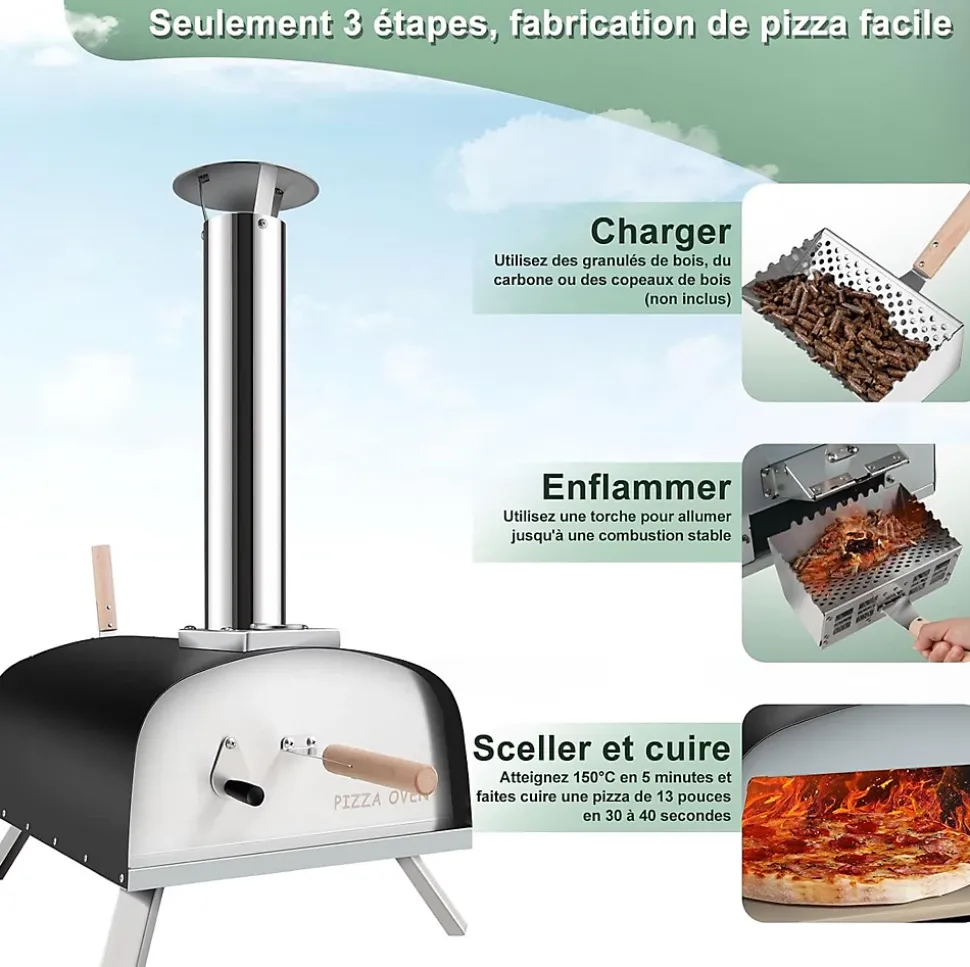 Four à Pizza Extérieur Pied Pliable Feu au Bois 33cm Cheminée Amovible