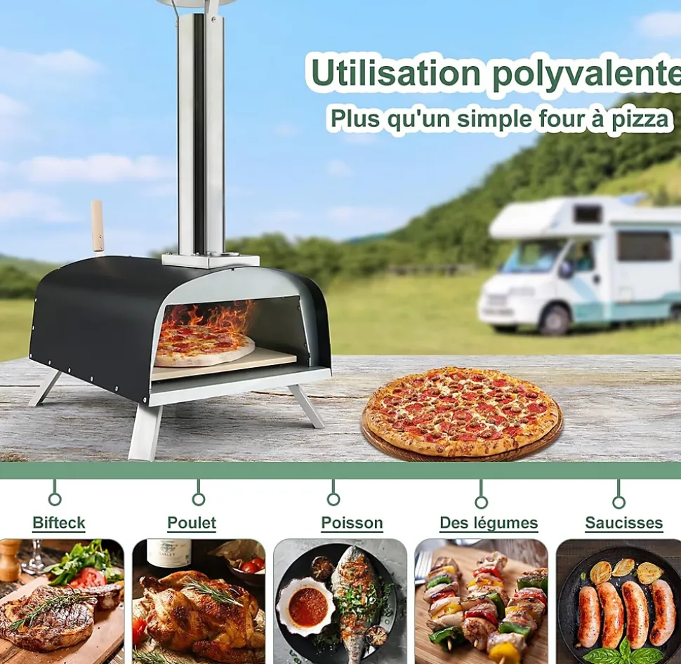 Four à Pizza Extérieur Pied Pliable Feu au Bois 33cm Cheminée Amovible