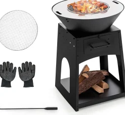 Foyer Extérieur, Brasero Jardin en Métal avec Poker,Gants,Grille de Cuisson,Compartiment Rangement,Foyer Extérieur 2 en 1 (Noir)