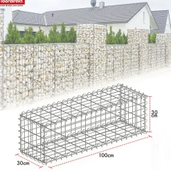 Gabion de jardin Lenox en acier galvanisé Mailles : 5 x 10 cm, 5 tailles au choix, modèle 100 x 30 x 30 cm