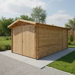 Garage bois massif traité marron 14,84m² 40mm avec toit voliges 20mm Gardy Shelter