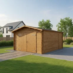 Garage bois massif traité 40mm 398x498cm anti-tempête Gardy Shelter