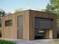 Garage Composite SILVERSTONE - Bardage Couleur Teck / Teak - Surface : 20m2 - Porte Sectionnelle Motorisée - 2 télécommandes