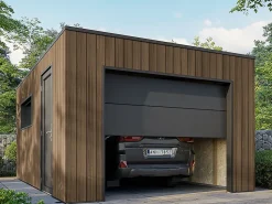 Garage Composite SILVERSTONE - Bardage Couleur Teck / Teak - Surface : 20m2 - Porte Sectionnelle Motorisée - 2 télécommandes