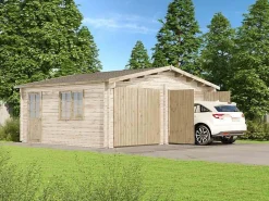 Garage double modèle D-44 ISO Alpholz, 6x57m dim ext (cas échéant incl débord de toit) naturel, épaisseur paroi : 44mm, 33,6m² tot