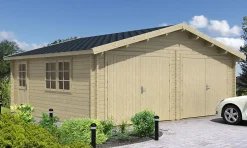 Garage double modèle D-44 ISO Alpholz, 6x57m dim ext (cas échéant incl débord de toit) naturel, épaisseur paroi : 44mm, 33,6m² tot