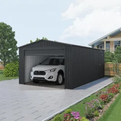 Garage Métal 19,52m² Jarama - 576x338x243cm - Abri voiture extérieur - Grande porte enroulable - Entrée piétonne latérale