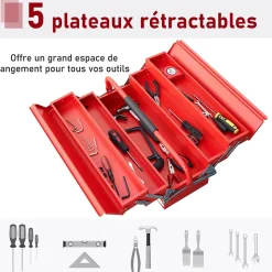 HOMCOM Boite à outils métallique - coffret à outils - caisse à outils 3 niveaux 5 plateaux rétractables - tôle acier rouge