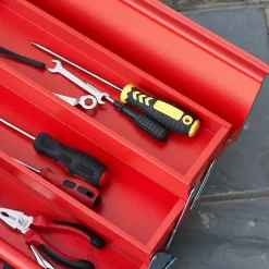 HOMCOM Boite à outils métallique - coffret à outils - caisse à outils 3 niveaux 5 plateaux rétractables - tôle acier rouge