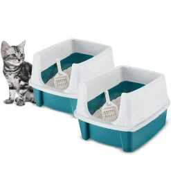 Iris Ohyama, Lot de 2, Bac à litière, avec côtés hauts, pour chat, CLH-12, Bleu sarcelle