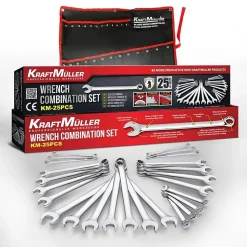 Jeu de clés plates à oeillets, Kraft Muller KM-25PCS, 25 pièces en acier au chrome-vanadium, de 6 à 32mm, sacoche de rangement