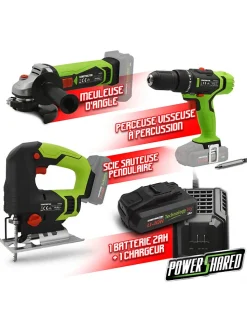 Kit 3 machines sans fil 20V Constructor (scie sauteuse, meuleuse, visseuse) + 1 batterie 2Ah + chargeur