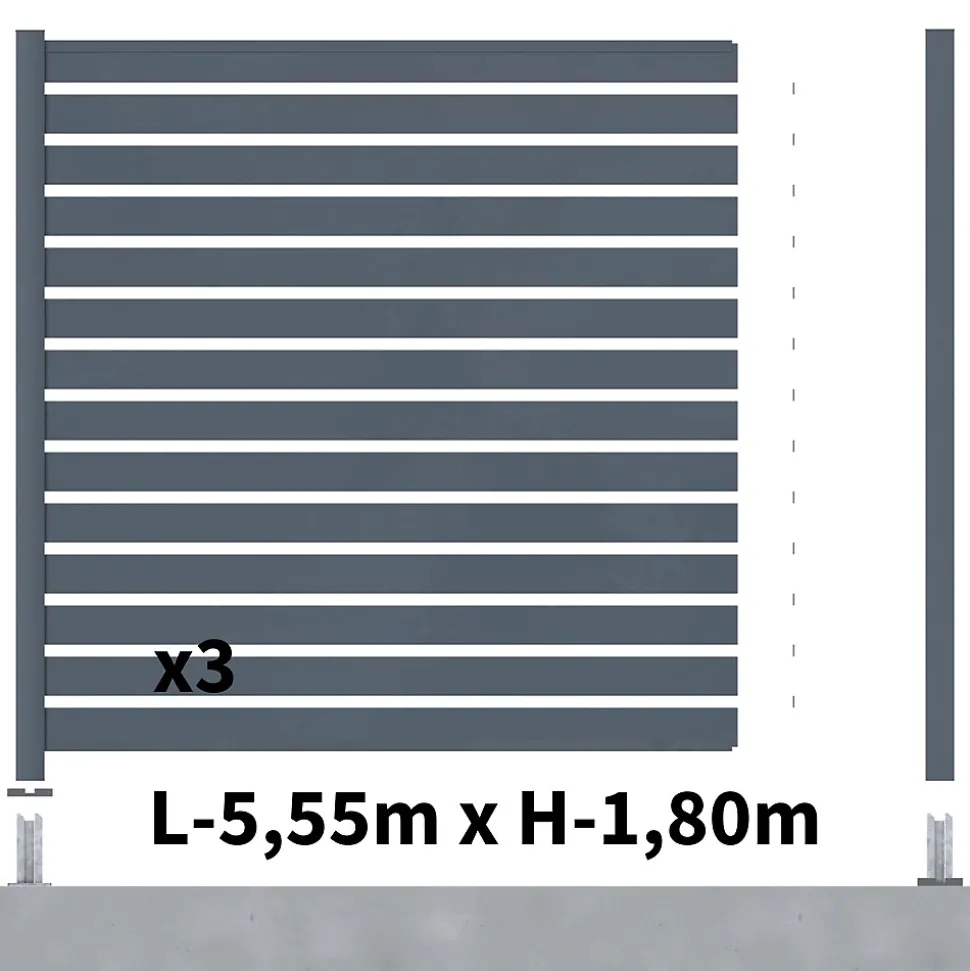 Kit Clôture Ajourée Aluminium OLINDA Anthracite 5,5x1,8m Poteaux sur Platines - Dimension des Lames : 21x100x1780 mm