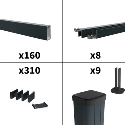 Kit Clôture Aluminium Ajourée sur Muret OLINDA Anthracite 14,68x1,2m - Lames ajourées 21x45x1780 mm - Brise Vue - Palissade