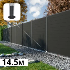 Kit Clôture Composite RIO Anthracite 14,5x1,8m - Bois composite & Aluminium - Poteaux sur Platines Gris - Brise vue - Palissade