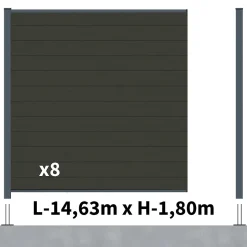 Kit Clôture Composite RIO Anthracite 14,5x1,8m - Bois composite & Aluminium - Poteaux sur Platines Gris - Brise vue - Palissade