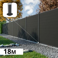 Kit Clôture Composite RIO Anthracite 18x1,8m - Bois composite & Aluminium - Poteaux sur Platines Gris - Brise vue - Palissade