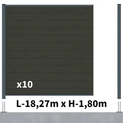 Kit Clôture Composite RIO Anthracite 18x1,8m - Bois composite & Aluminium - Poteaux sur Platines Gris - Brise vue - Palissade
