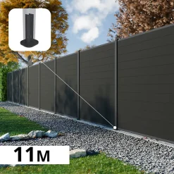 Kit Clôture Composite RIO Anthracite 11x1,8m - Bois composite & Aluminium - Poteaux sur Platines Gris - Brise vue - Palissade