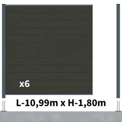 Kit Clôture Composite RIO Anthracite 11x1,8m - Bois composite & Aluminium - Poteaux sur Platines Gris - Brise vue - Palissade