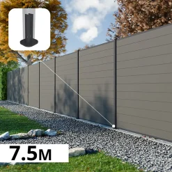 Kit Clôture Composite RIO Platines 7,5x1,8m - Bois composite & Aluminium - Poteaux sur Platines Gris - Brise vue - Palissade