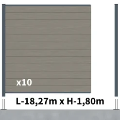 Kit Clôture Composite RIO Platines 18x1,8m - Bois composite & Aluminium - Poteaux sur Platines Gris - Brise vue - Palissade