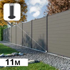 Kit Clôture Composite RIO Platines 11x1,8m - Bois composite & Aluminium - Poteaux sur Platines Gris - Brise vue - Palissade