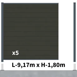 Kit Clôture Composite RIO Anthracite 9x1,8m - Bois composite & Aluminium - Poteaux sur Platines Gris - Brise vue - Palissade