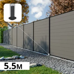 Kit Clôture Composite RIO Platines 5,5x1,8m - Bois composite & Aluminium - Poteaux Noir sur Platines- Brise vue - Palissade
