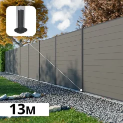Kit Clôture Composite RIO Platines 13x1,8m - Bois composite & Aluminium - Poteaux sur Platines Gris - Brise vue - Palissade