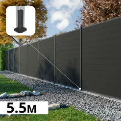 Kit Clôture Composite RIO Anthracite 5,5x1,8m - Bois composite & Aluminium - Poteaux sur Platines Gris - Brise vue - Palissade