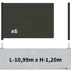 Kit Clôture Composite sur Muret RIO Anthracite 11x1,2m - Bois composite & Aluminium - Poteaux sur Platines Noir - Brise vue
