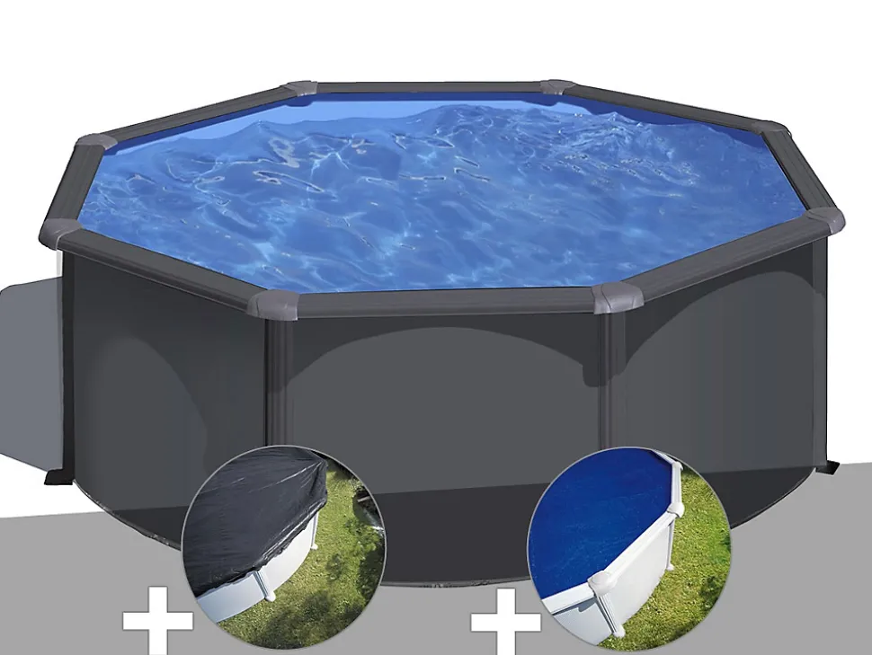 Kit piscine acier gris anthracite Gré Louko ronde 3,20 x 1,22 m + Bâche d'hivernage + Bâche à bulles