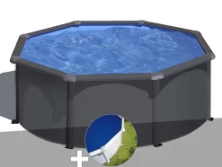 Kit piscine acier gris anthracite Gré Louko ronde 3,20 x 1,22 m + Bâche à bulles