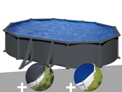 Kit piscine acier gris anthracite Gré Juni ovale 6,34 x 3,99 x 1,32 m + Bâche d'hivernage + Bâche à bulles