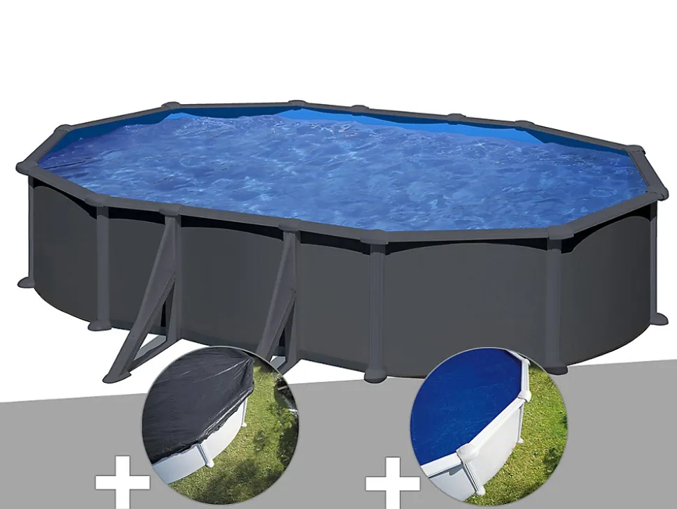 Kit piscine acier gris anthracite Gré Juni ovale 6,34 x 3,99 x 1,32 m + Bâche d'hivernage + Bâche à bulles