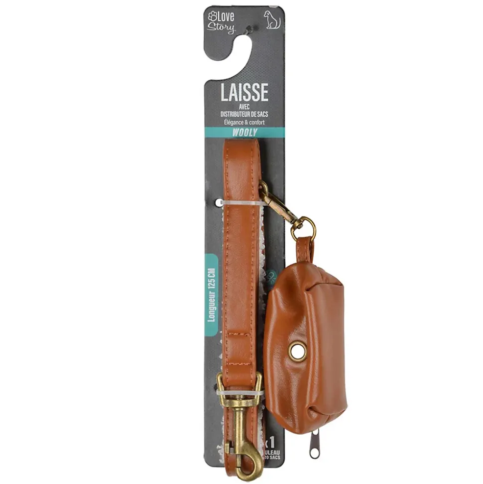 Laisse en similicuir et bouclette avec distributeur de sacs