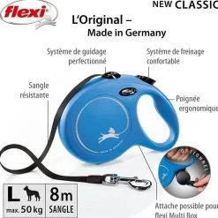 Laisse sangle 8 mètres L Max 50 KG bleu laisse pour chien