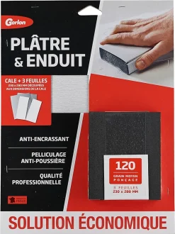Lot 3 feuilles d'abrasif grain moyen + 1 cale