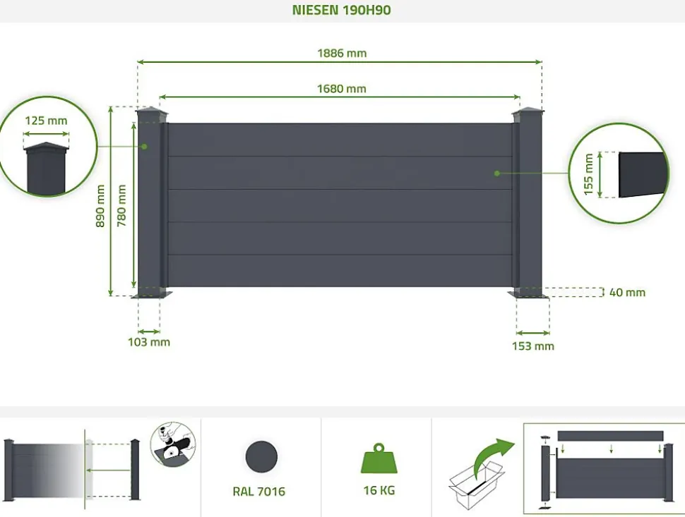 Lot de 5 clôtures aluminium 1,9m NIESEN H.90cm Gris