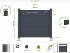 Lot de 2 clôtures aluminium 1,9m LIFE H.170cm gris