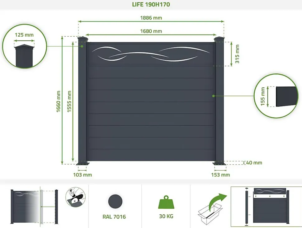 Lot de 2 clôtures aluminium 1,9m LIFE H.170cm gris