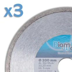 Lot de 3 disques diamant 200 x Al. 30/25,4/22,23 x Ht. 5 mm carrelage, faïence - CUTTER - Diamwood
