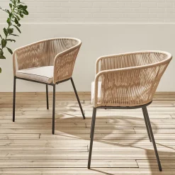 Lot de 2 fauteuils de jardin en corde beige et acier galvanisé. coussin beige