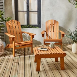 Lot de 2 fauteuils de jardin en bois avec un repose-pieds/table basse - Adirondack Salamanca - Eucalyptus. chaises de terrasse