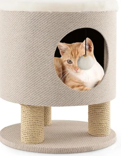 Maison de Chat 3 en 1 avec Griffoirs Balle en Peluche Arbre à Chat Transformable en Tabouret/Pouf