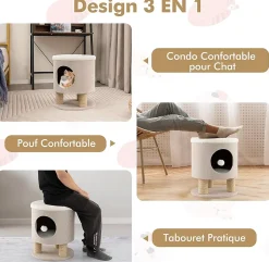 Maison de Chat 3 en 1 avec Griffoirs Balle en Peluche Arbre à Chat Transformable en Tabouret/Pouf