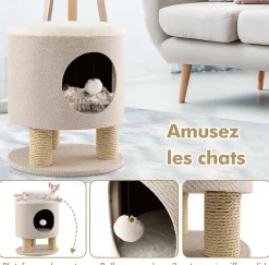 Maison de Chat 3 en 1 avec Griffoirs Balle en Peluche Arbre à Chat Transformable en Tabouret/Pouf