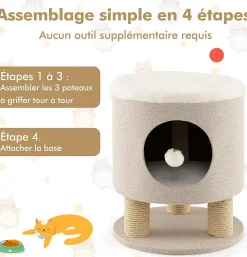 Maison de Chat 3 en 1 avec Griffoirs Balle en Peluche Arbre à Chat Transformable en Tabouret/Pouf